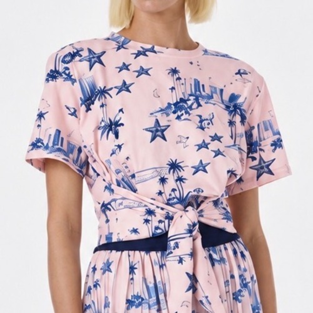 Le Superbe All Tied Up Tee Pink LA Toile Graphic Print Short Sleeve Tie Top S